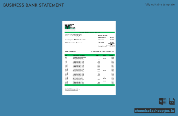 Beispiel eines Kontoauszugs vom Firmengirokonto der Bank of Africa (Word- und PDF-Datei)